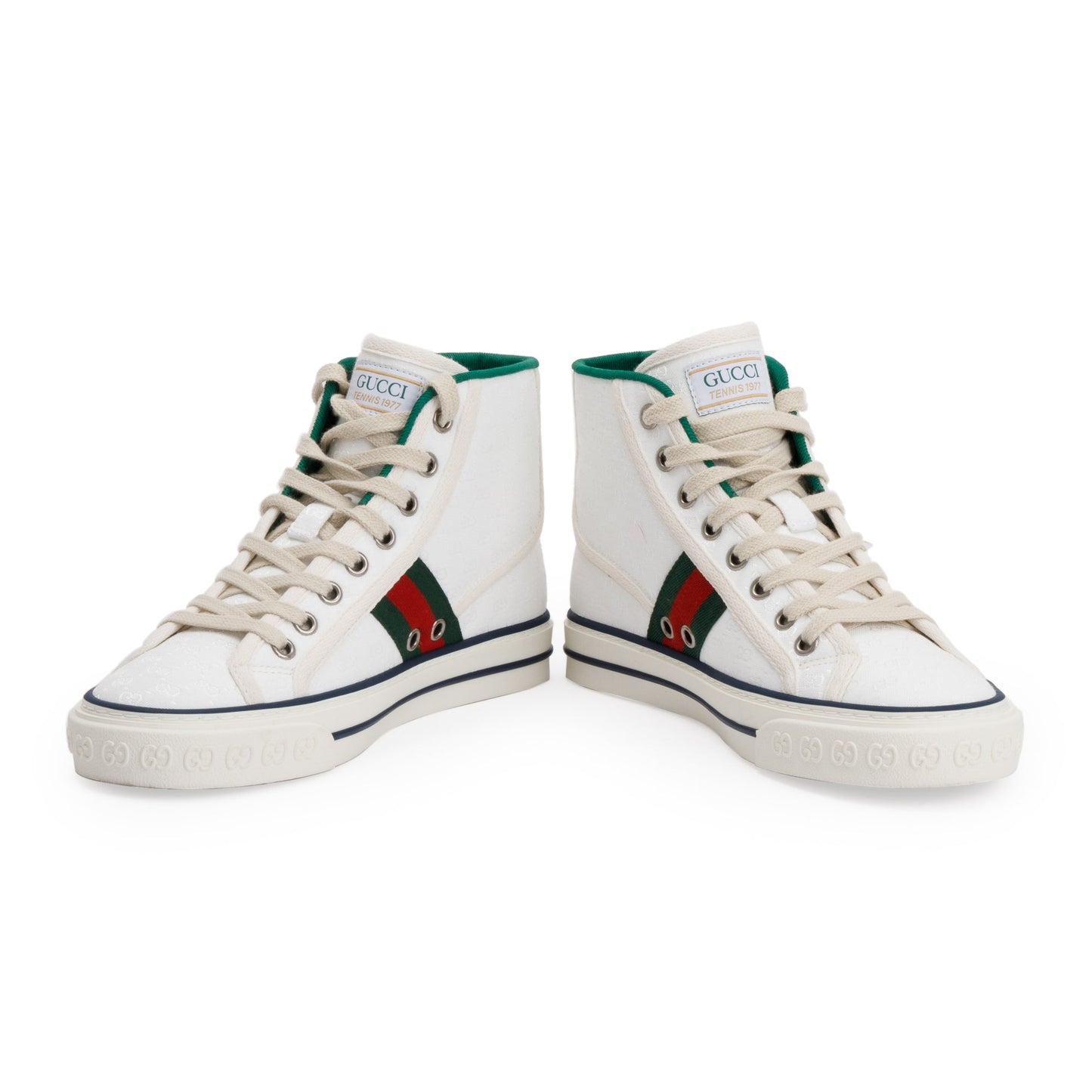 Gucci White GG Monogram Canvas Web 1977 High Top Tennis Sneakers, Size 35