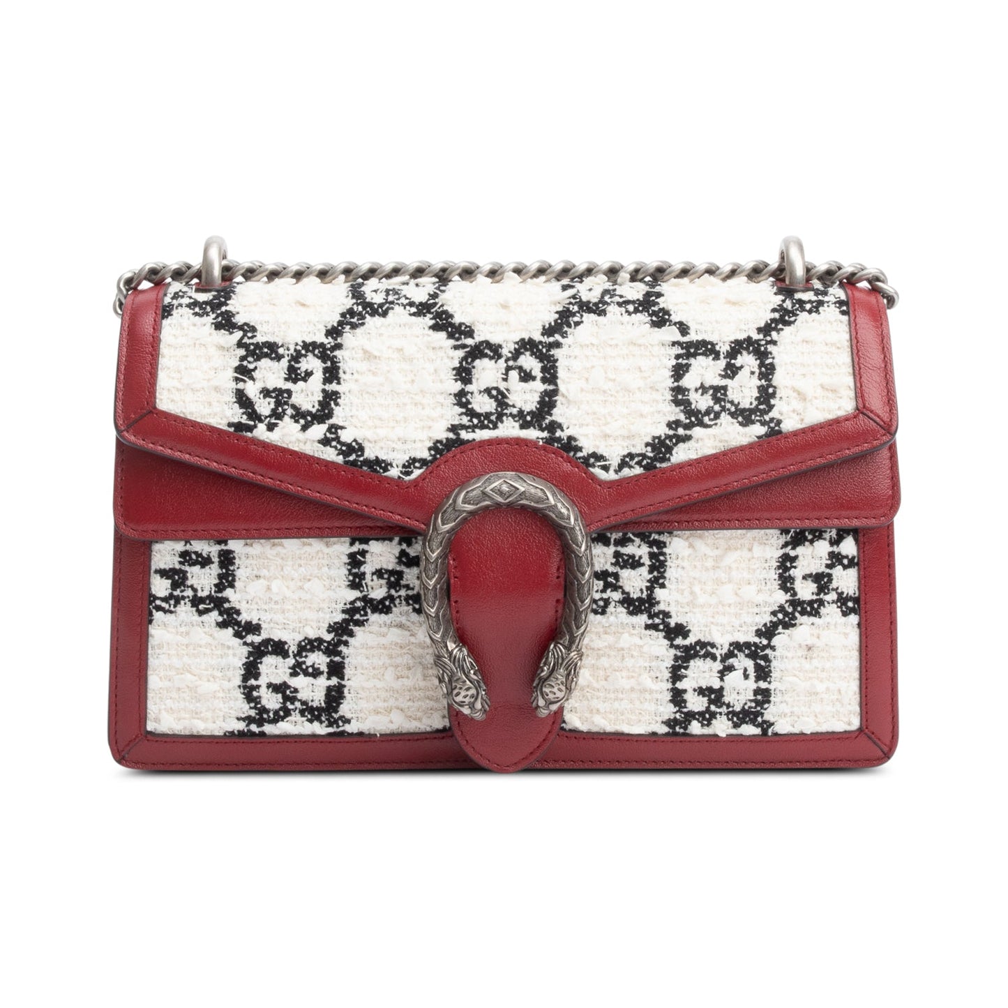 Gucci White GG Tweed Red Leather Small Dionysus Shoulder Bag