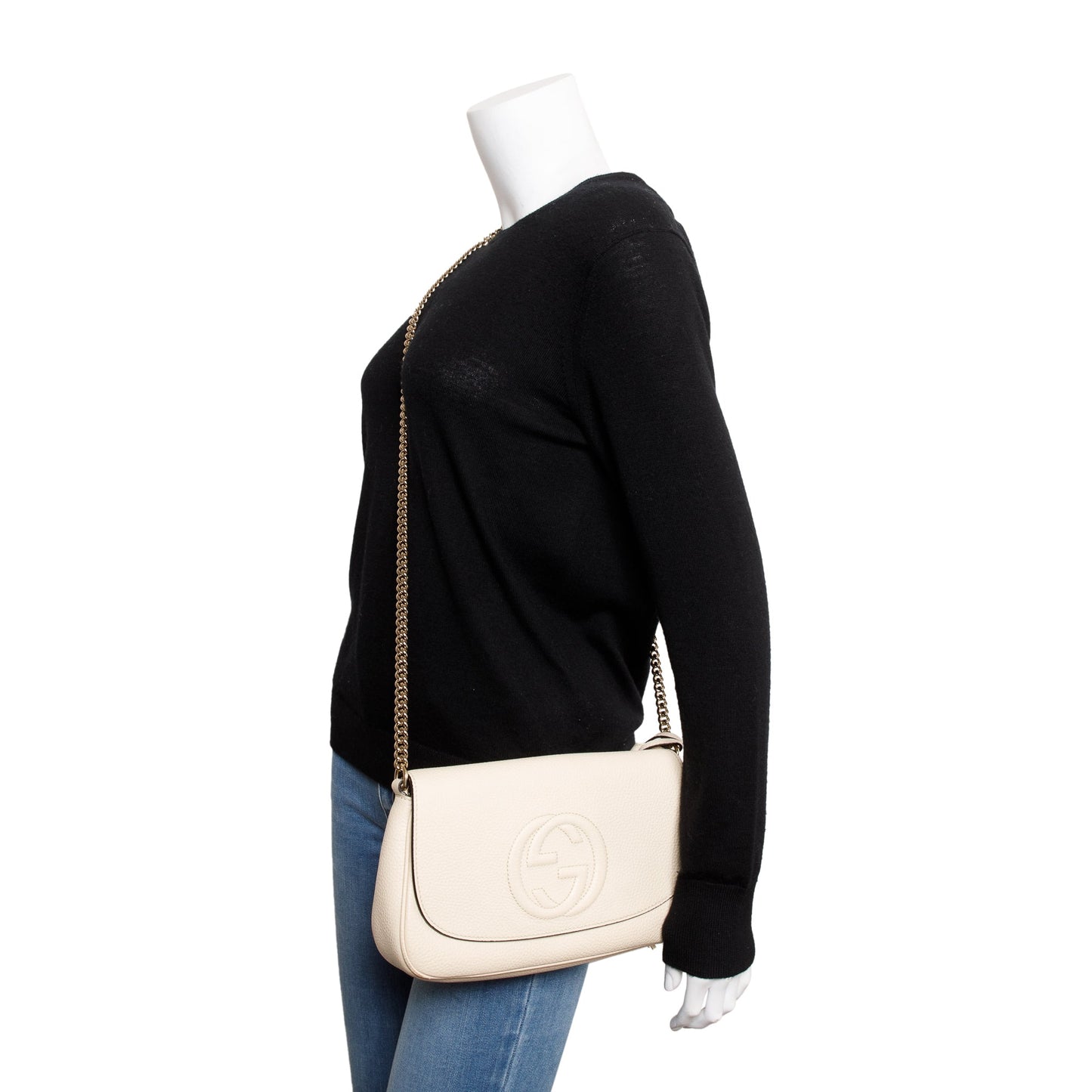 Gucci White Grained Calfskin Leather Medium Soho Chain Crossbody Bag