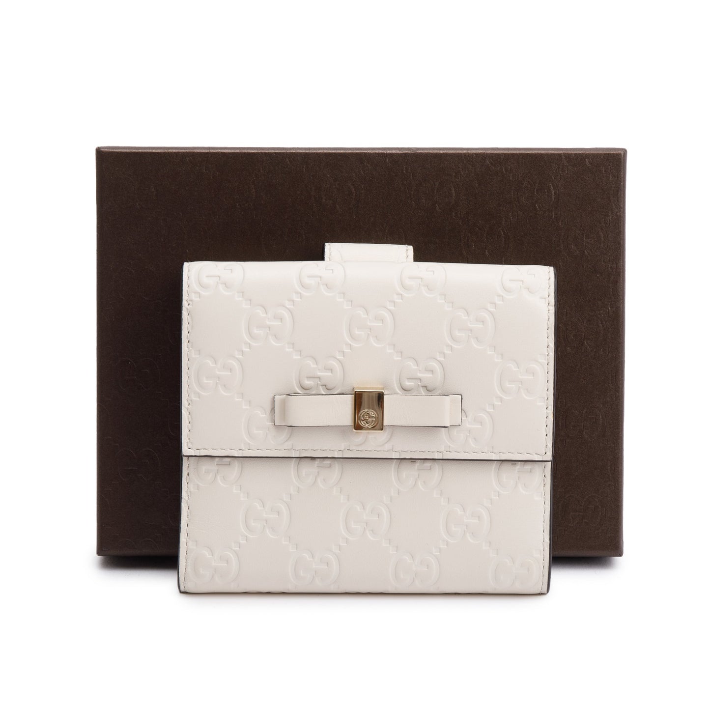 Gucci White Guccisimma Leather Compact Bow Wallet