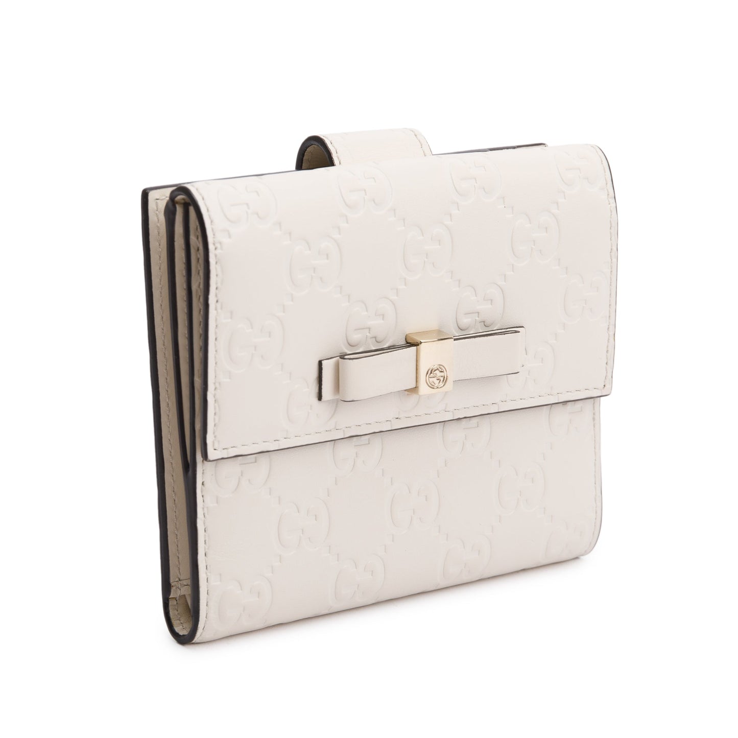 Gucci White Guccisimma Leather Compact Bow Wallet