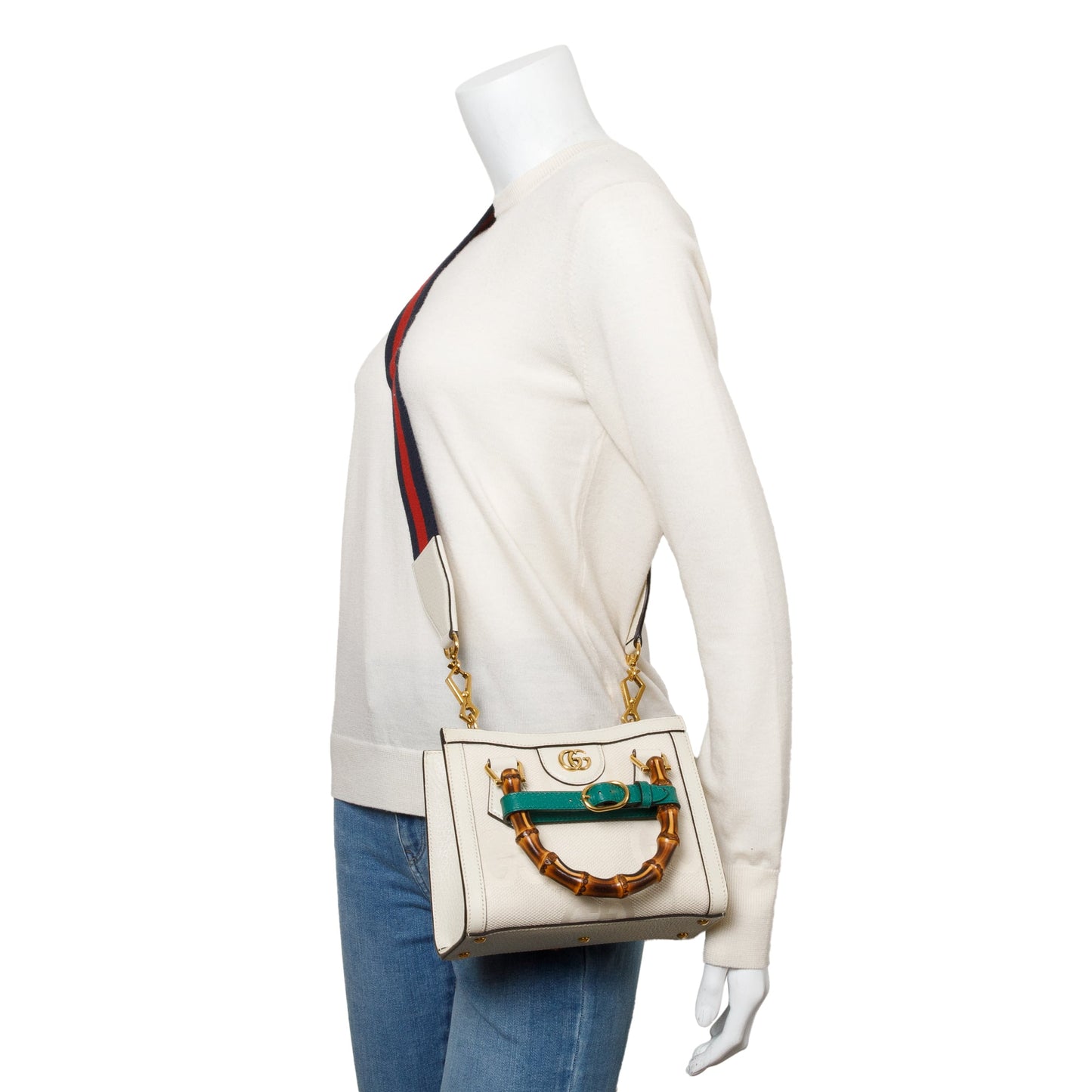 Gucci White Jumbo GG Canvas and Calfskin Leather Diana Small Tote Bag