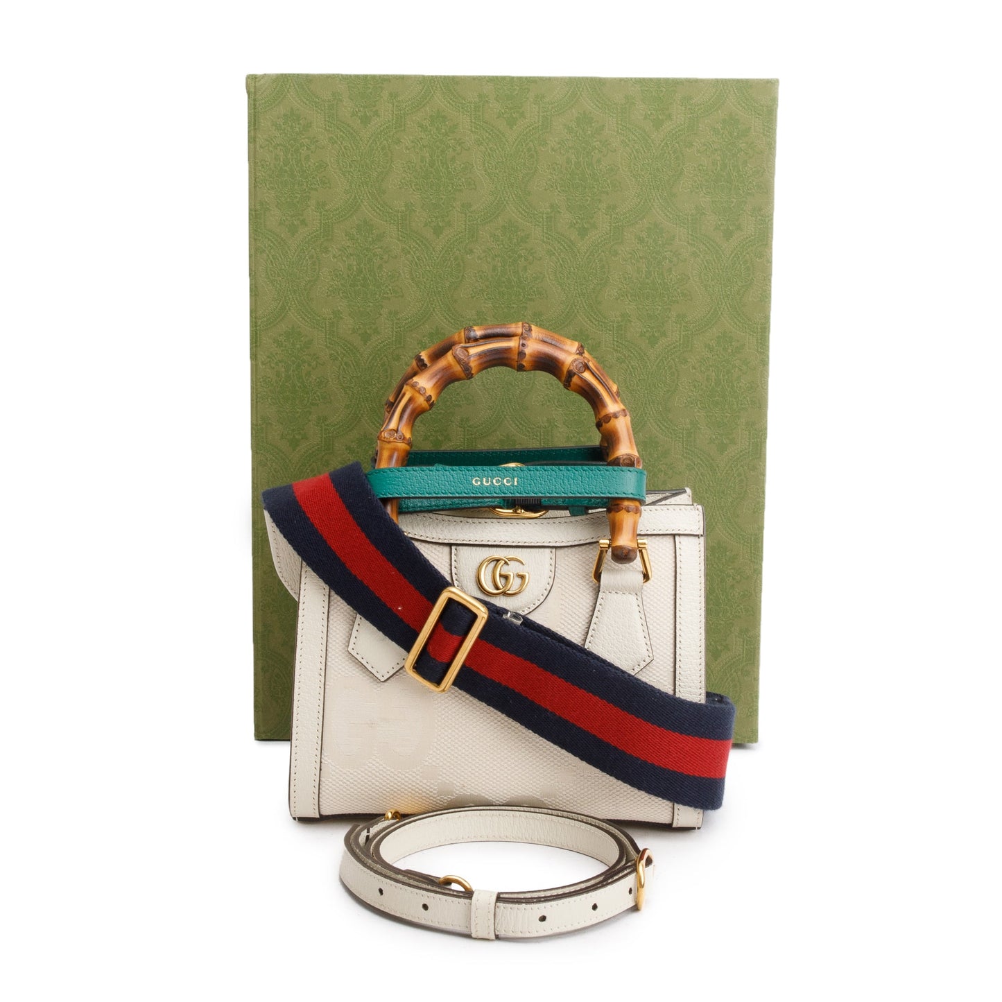 Gucci White Jumbo GG Canvas and Calfskin Leather Diana Small Tote Bag
