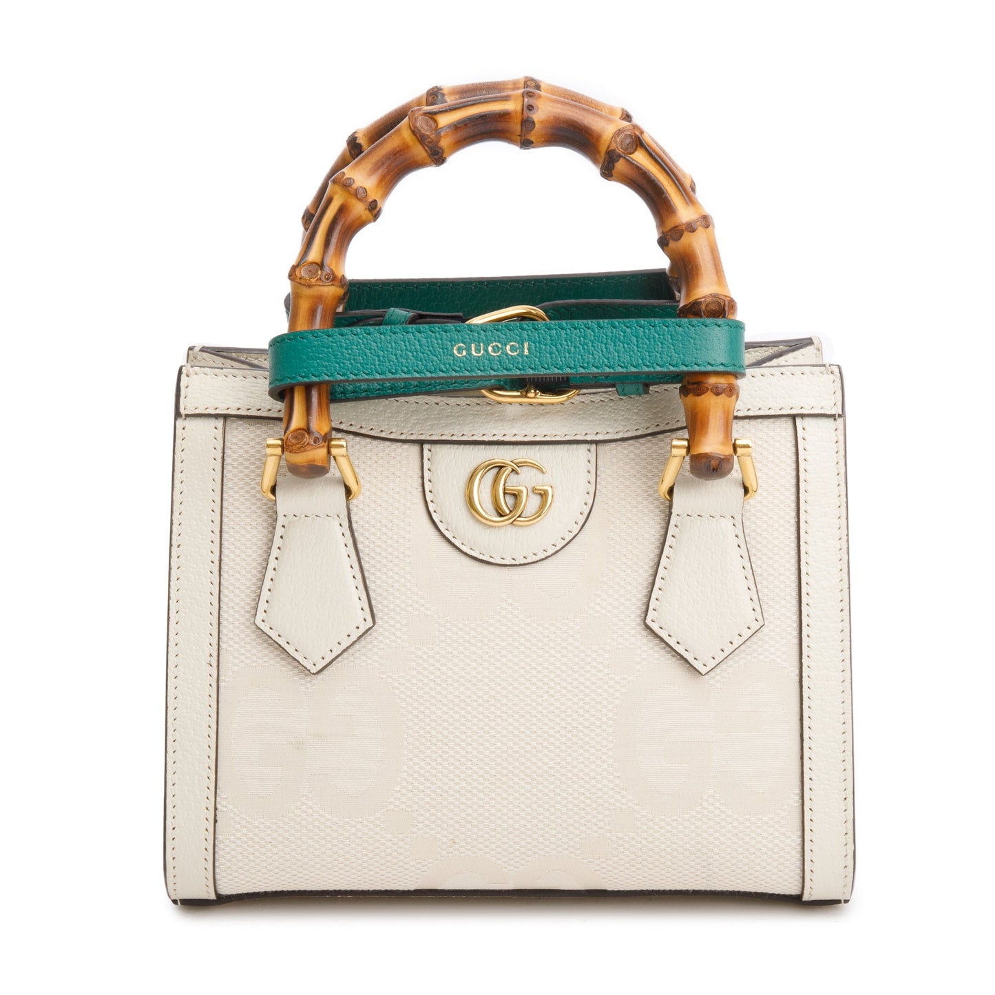 Gucci White Jumbo GG Canvas and Calfskin Leather Diana Small Tote Bag