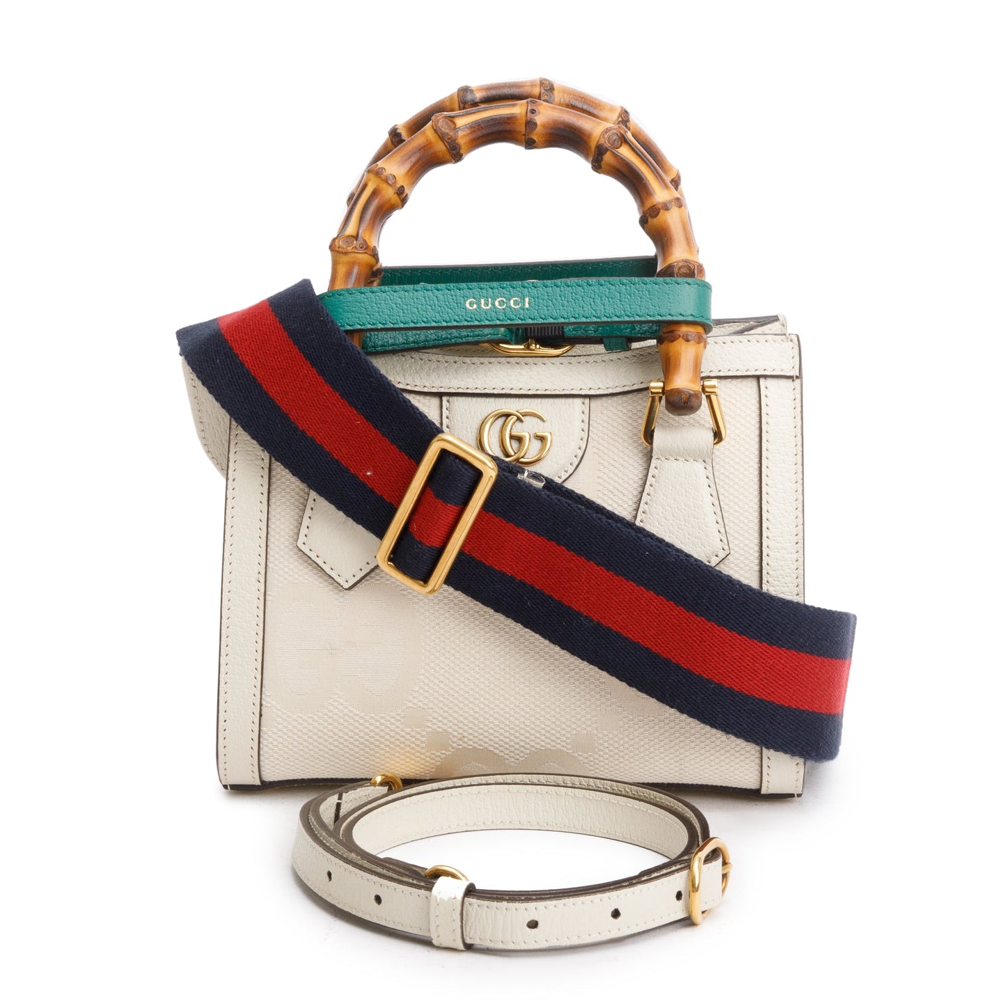 Gucci White Jumbo GG Canvas and Calfskin Leather Diana Small Tote Bag