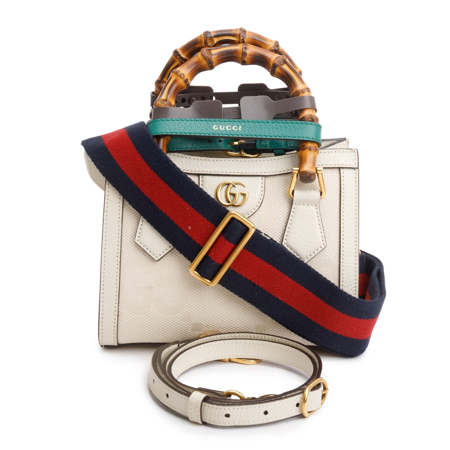 Gucci White Jumbo GG Canvas and Calfskin Leather Diana Small Tote Bag