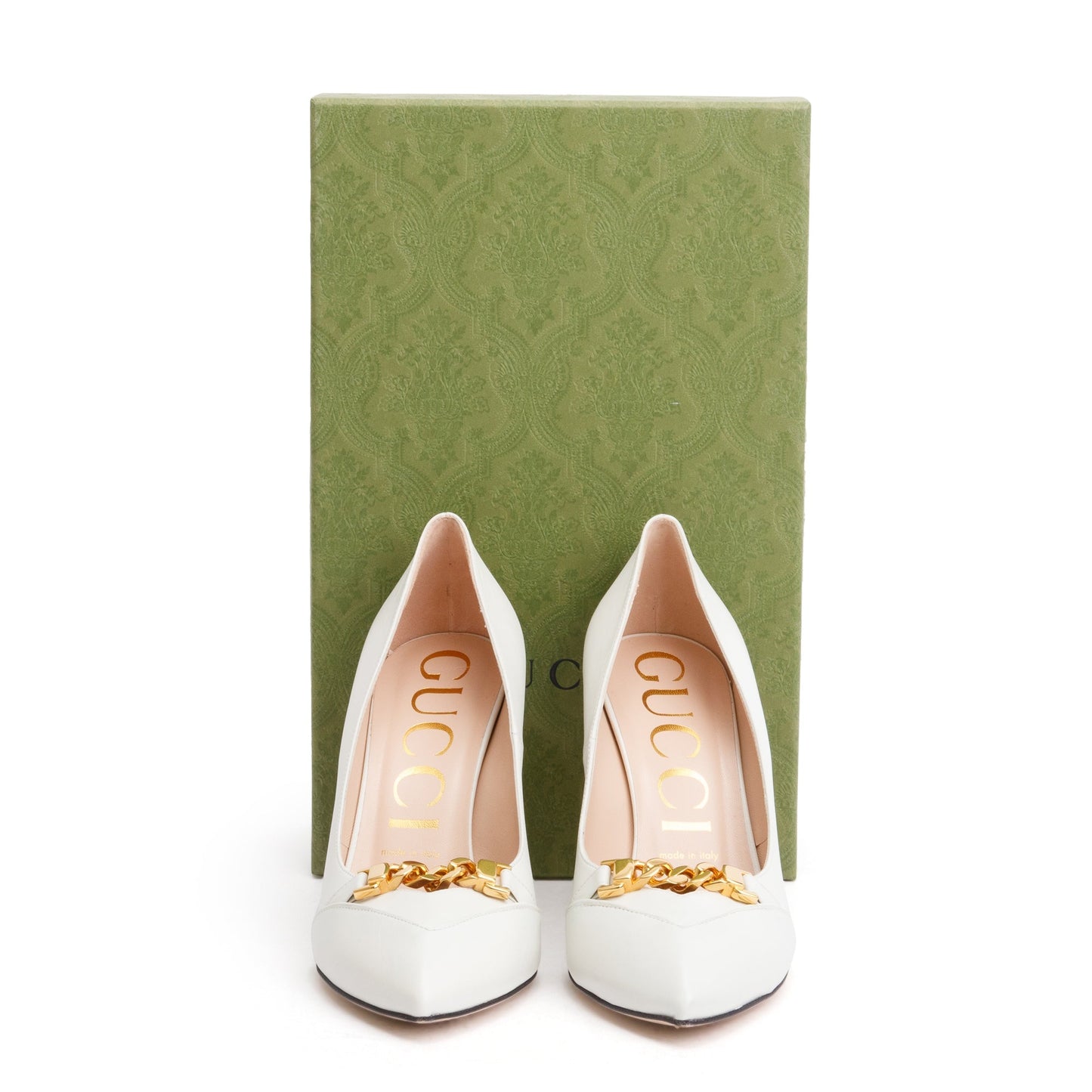 Gucci White Leather Chain Link Accent Pumps, Size 38.5