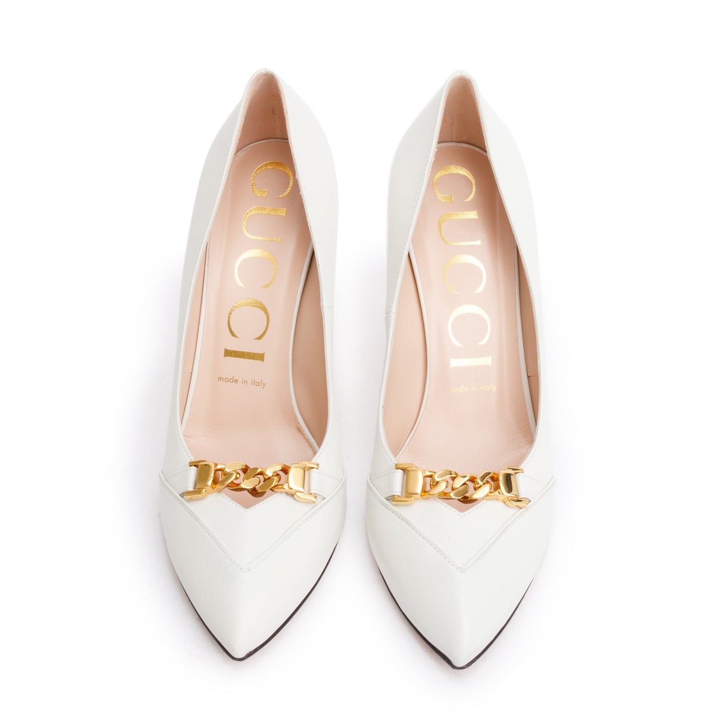 Gucci White Leather Chain Link Accent Pumps, Size 38.5