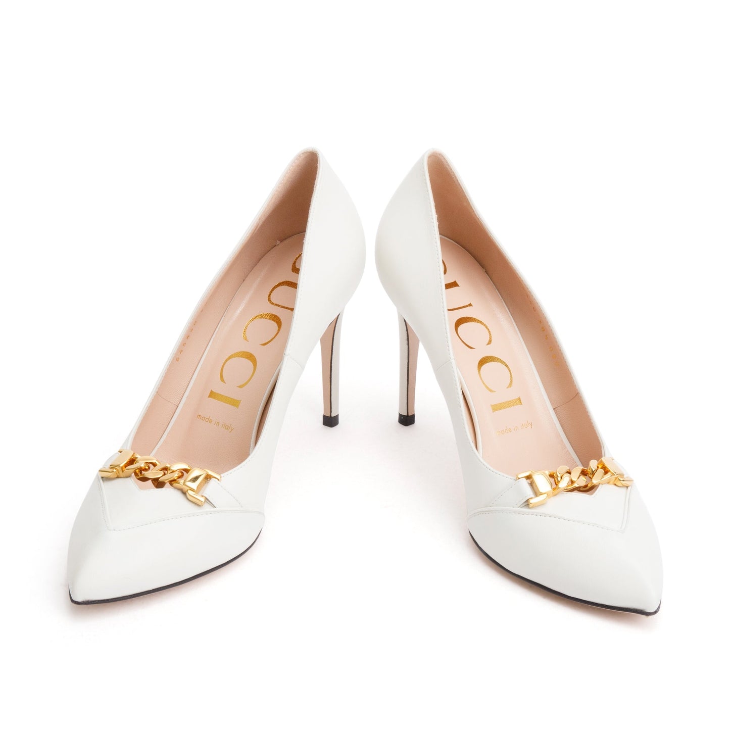 Gucci White Leather Chain Link Accent Pumps, Size 38.5