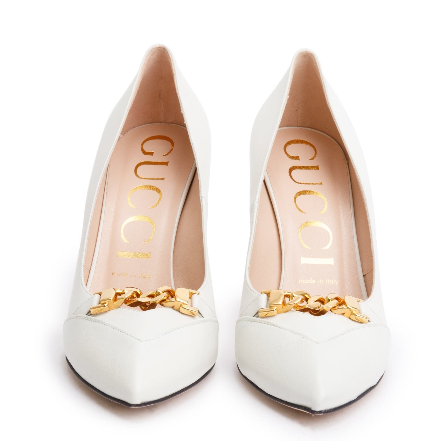 Gucci White Leather Chain Link Accent Pumps, Size 38.5