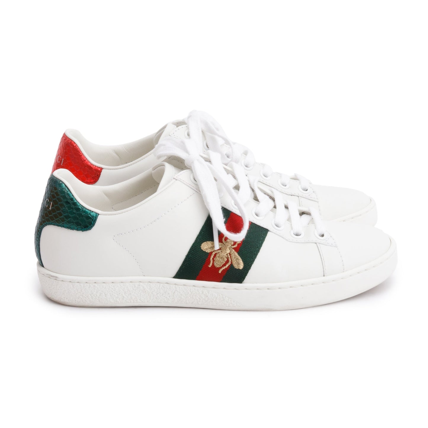 Gucci White Leather Web Ace Sneakers, Size 34