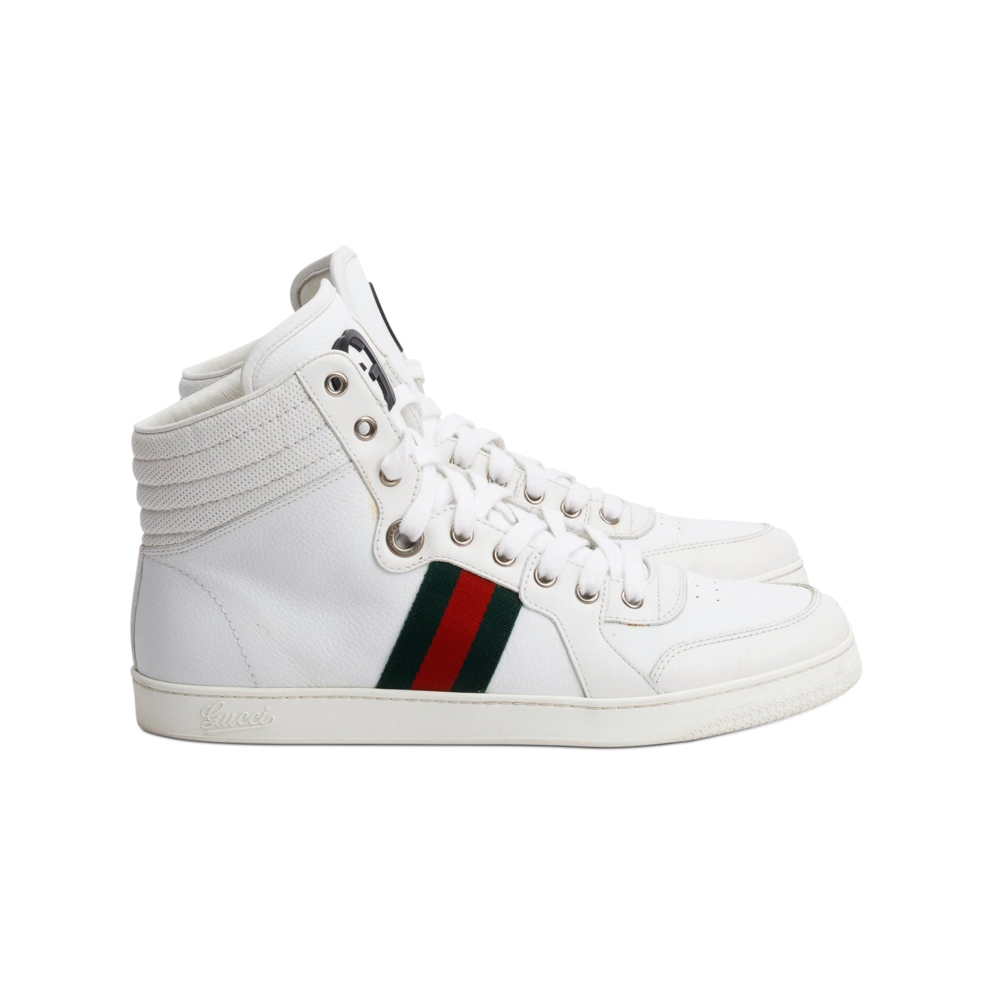 Gucci White Leather Web Interlocking G Coda Stripe High-Top Sneakers, Size 8.5