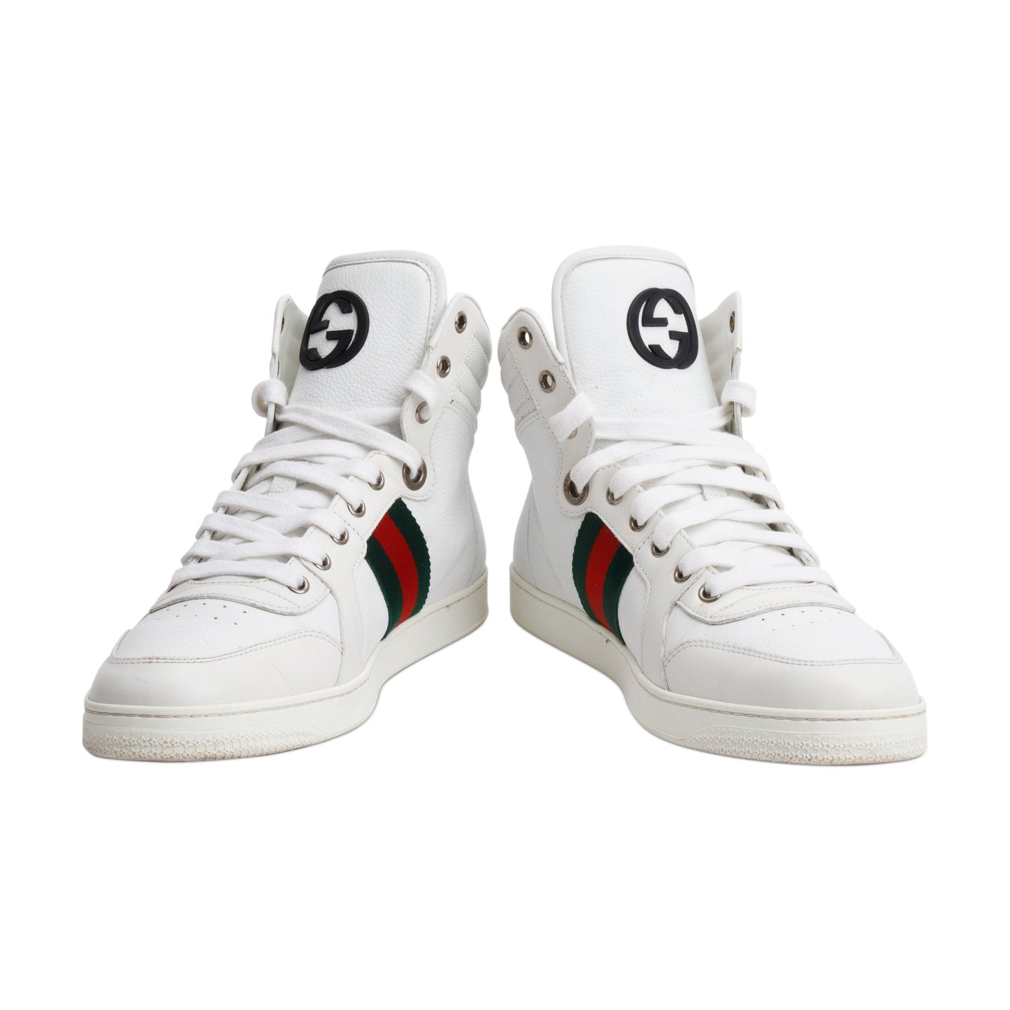 Gucci White Leather Web Interlocking G Coda Stripe High-Top Sneakers, Size 8.5