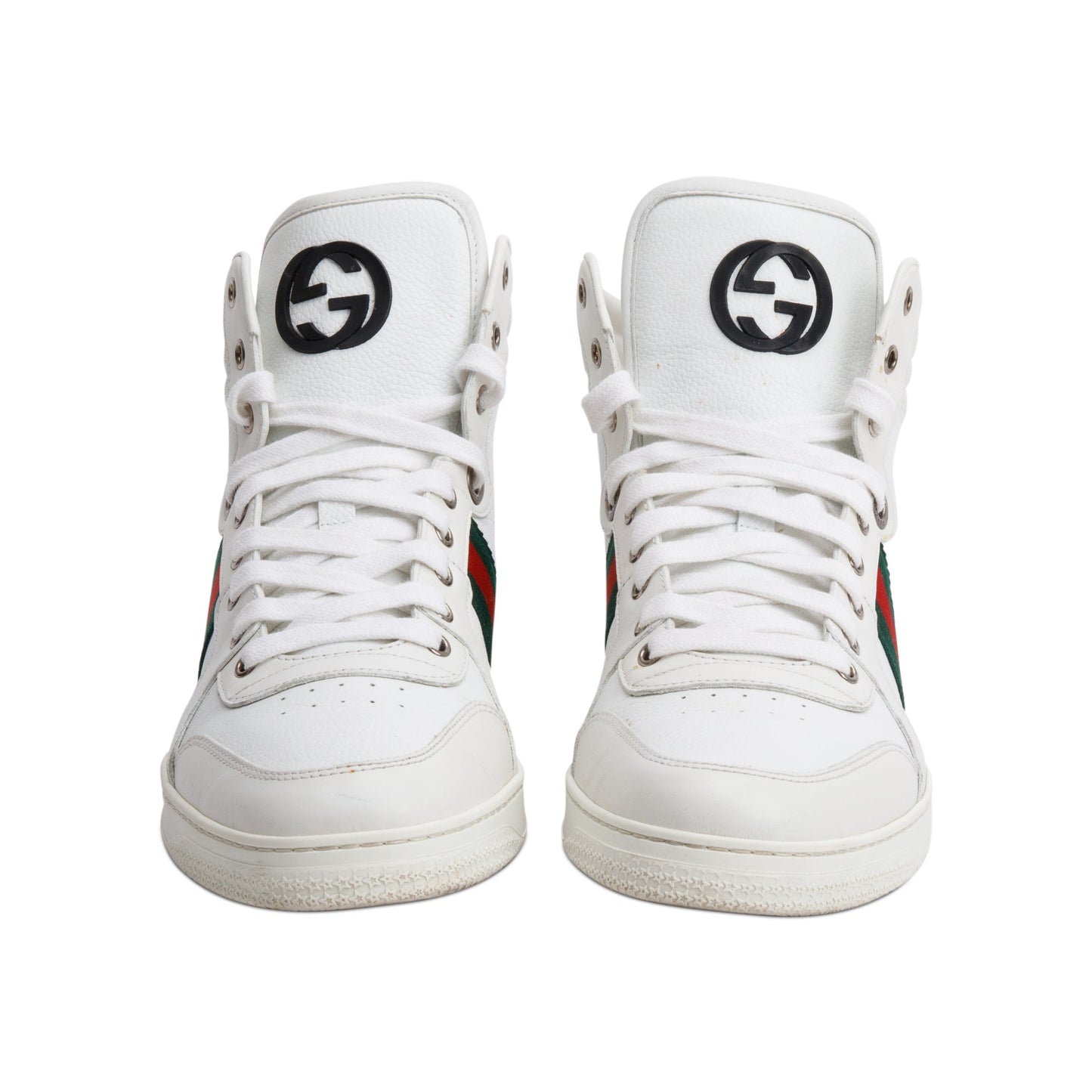 Gucci White Leather Web Interlocking G Coda Stripe High-Top Sneakers, Size 8.5