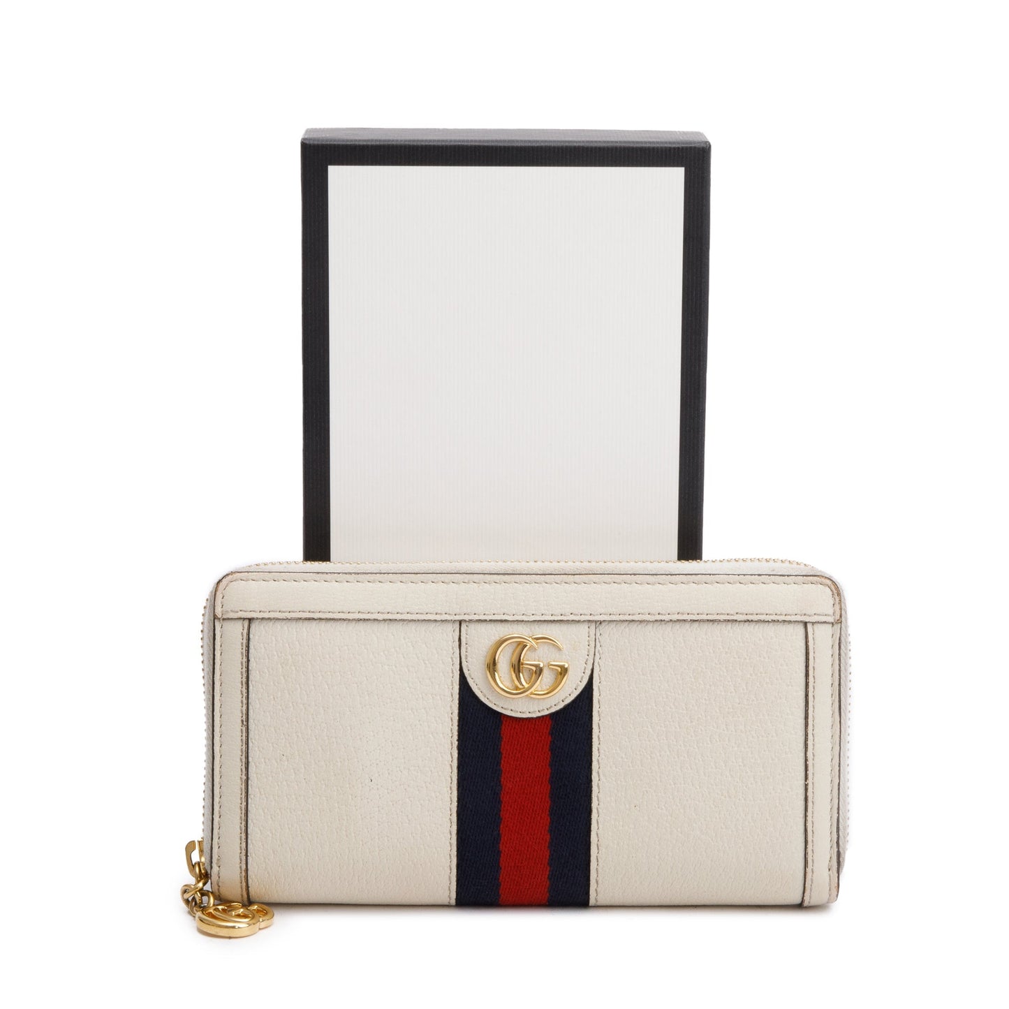 Gucci White Leather Web Ophidia GG Zip Around Wallet