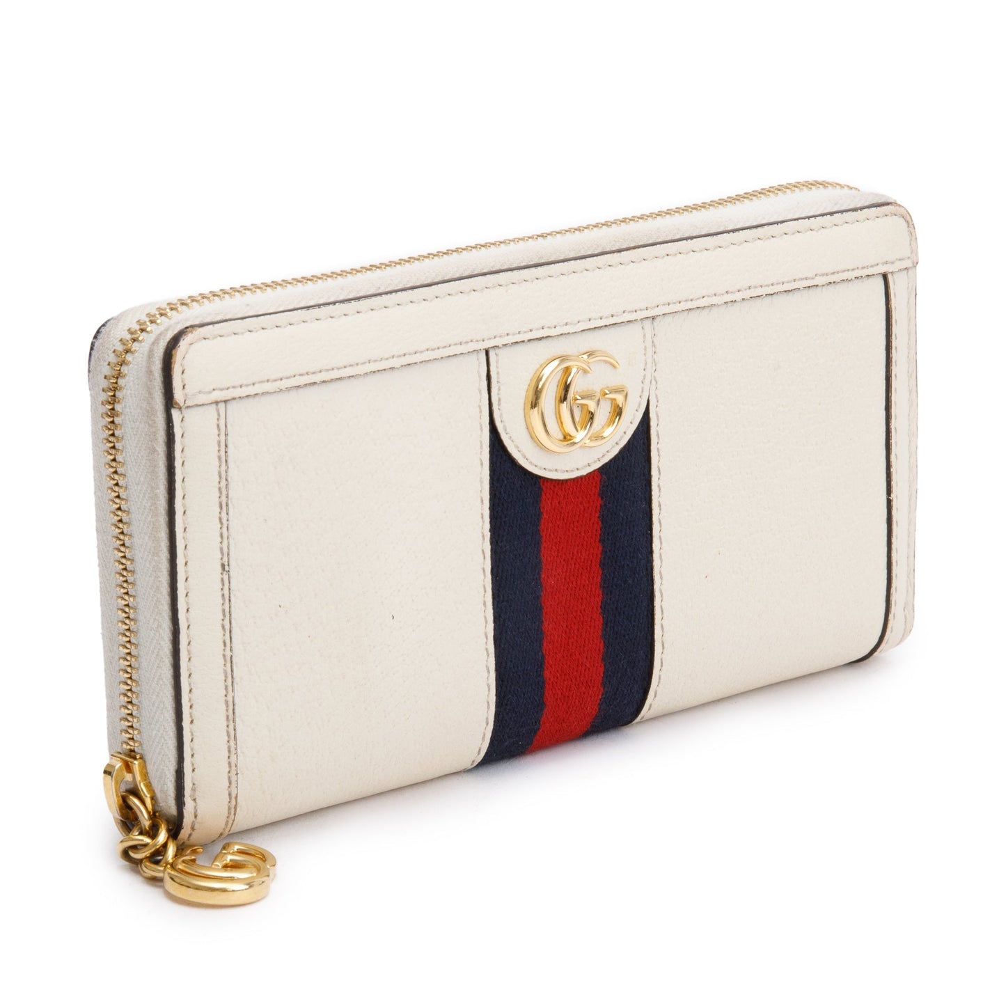 Gucci White Leather Web Ophidia GG Zip Around Wallet