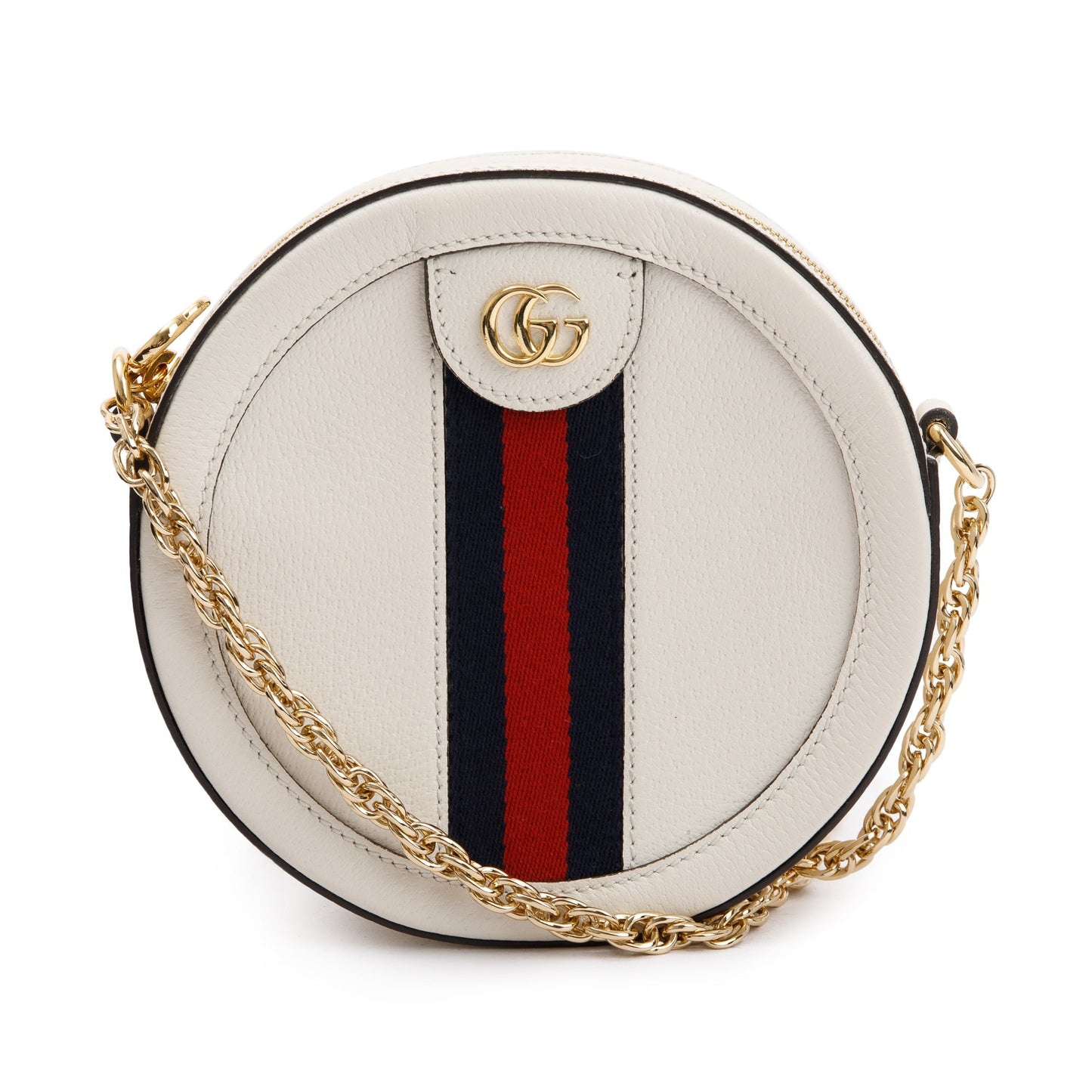 Gucci White Leather Web Ophidia Mini Round Shoulder Bag
