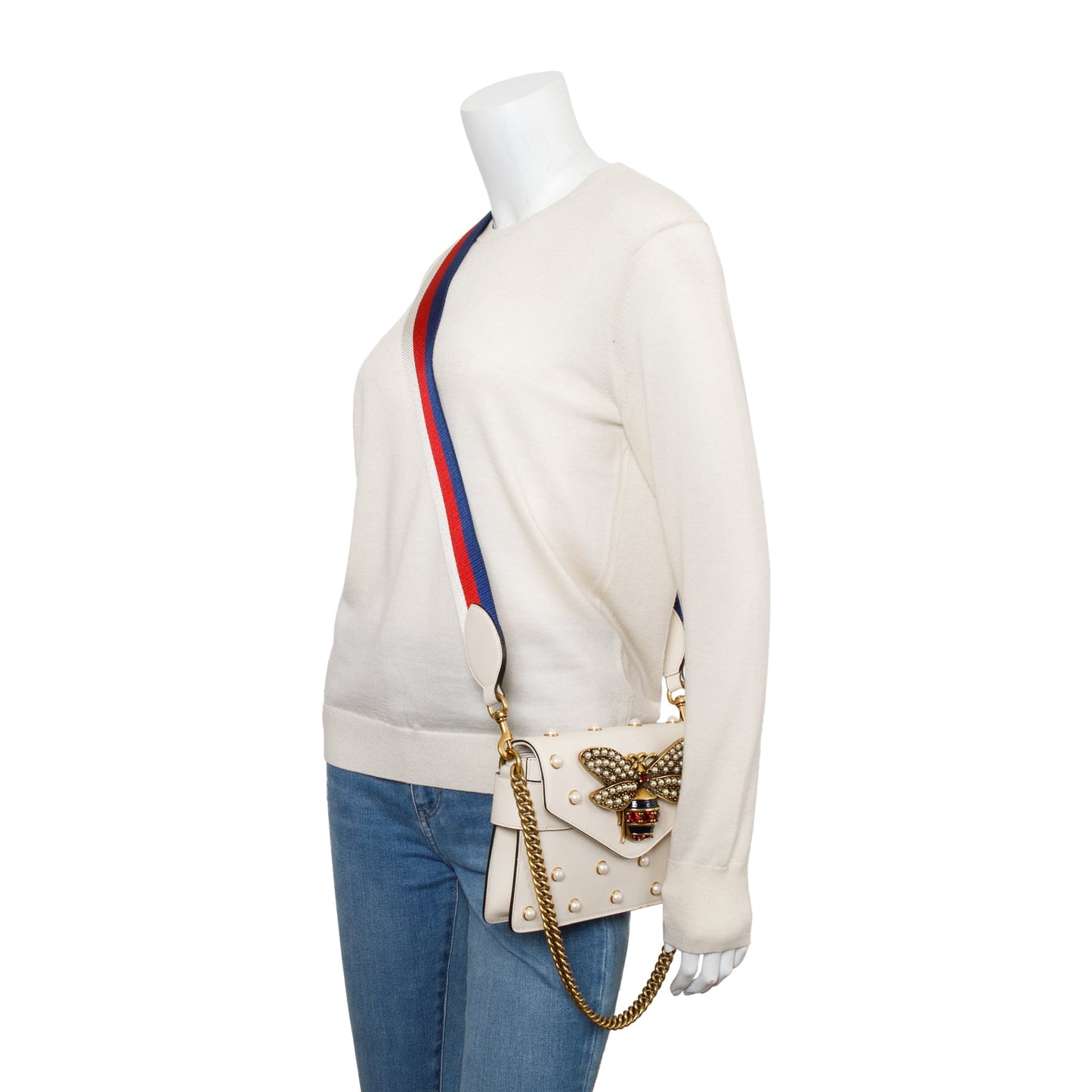 Gucci White Nappa Pearl Studded Mini Queen Margaret Broadway Shoulder Bag