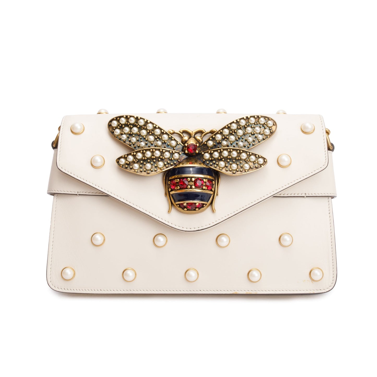 Gucci White Nappa Pearl Studded Mini Queen Margaret Broadway Shoulder Bag