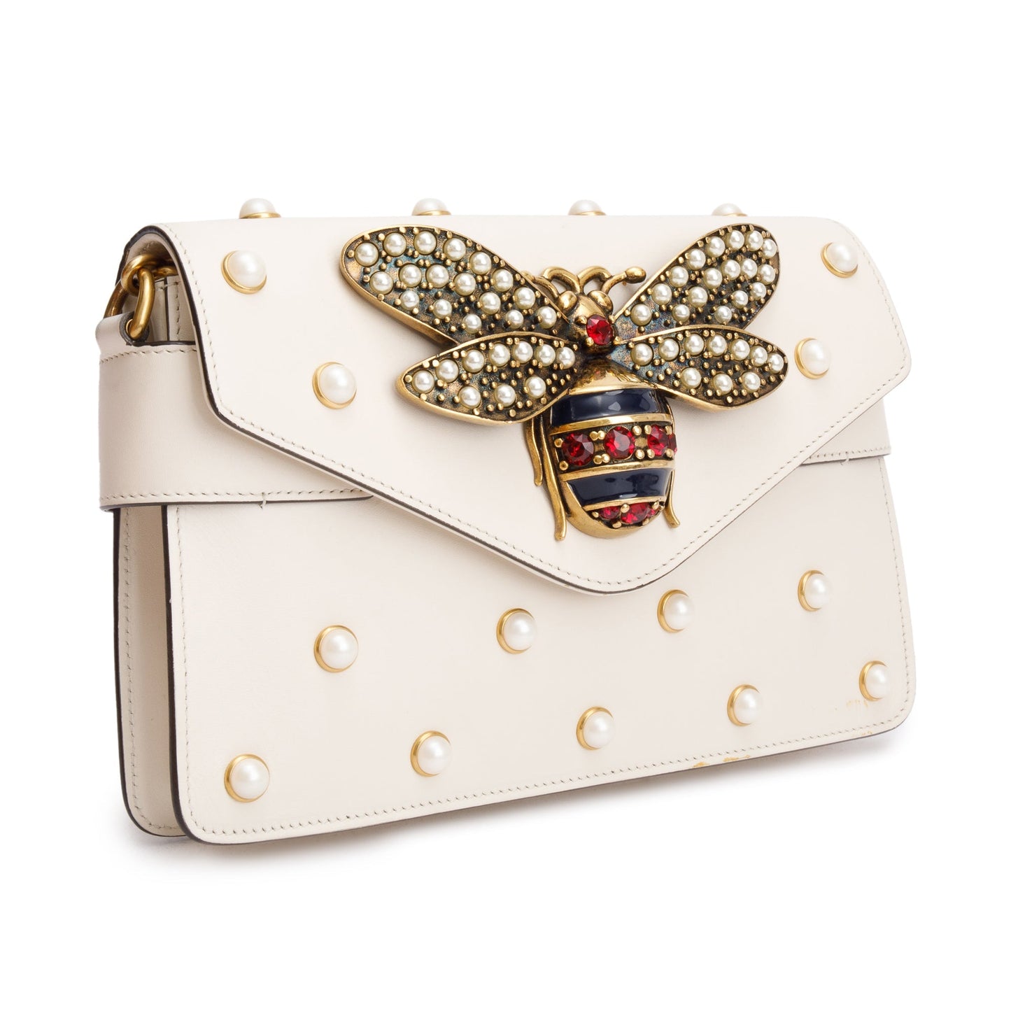 Gucci White Nappa Pearl Studded Mini Queen Margaret Broadway Shoulder Bag
