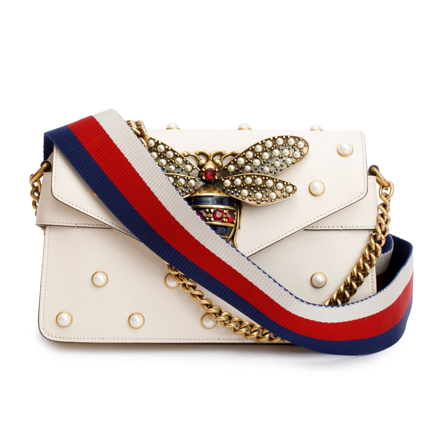 Gucci White Nappa Pearl Studded Mini Queen Margaret Broadway Shoulder Bag