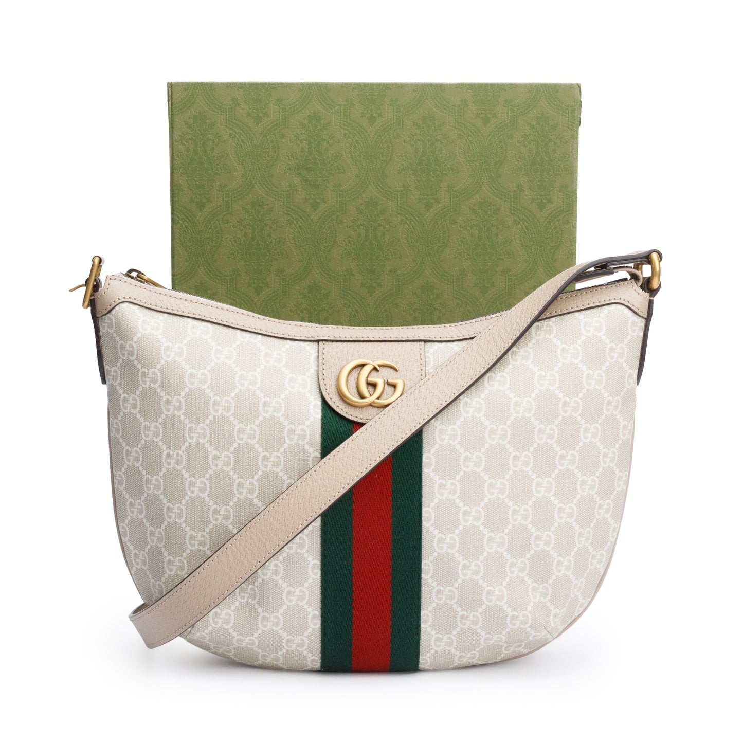 Gucci White/Beige GG Supreme Web Small Ophidia Half Moon Hobo