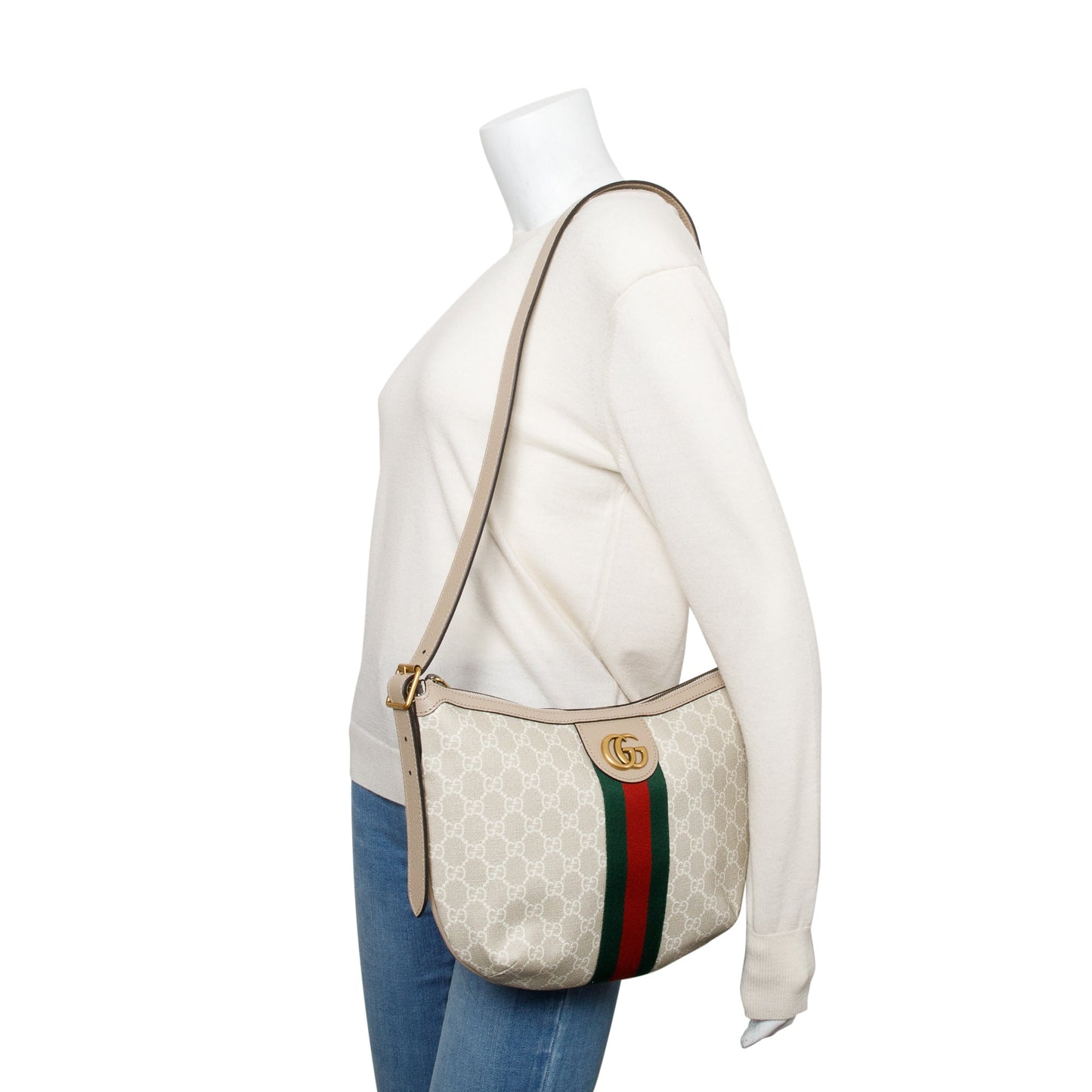 Gucci White/Beige GG Supreme Web Small Ophidia Half Moon Hobo