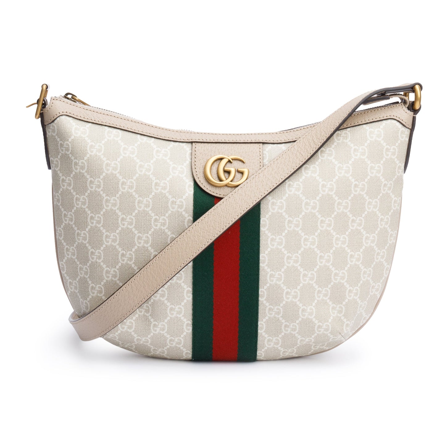 Gucci White/Beige GG Supreme Web Small Ophidia Half Moon Hobo