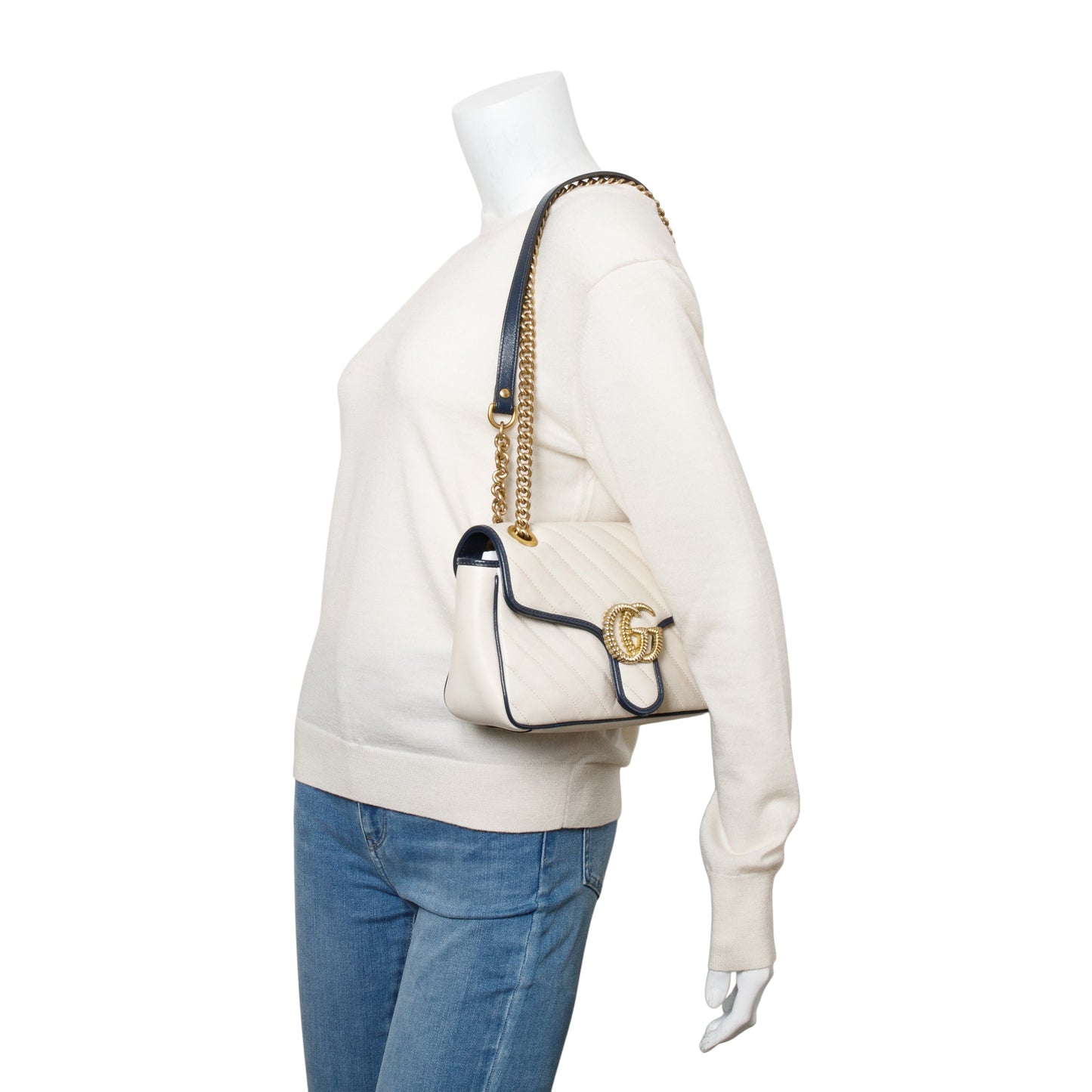 Gucci White/Navy Trim GG Marmont Matelasse Leather Torchon Small Shoulder Bag