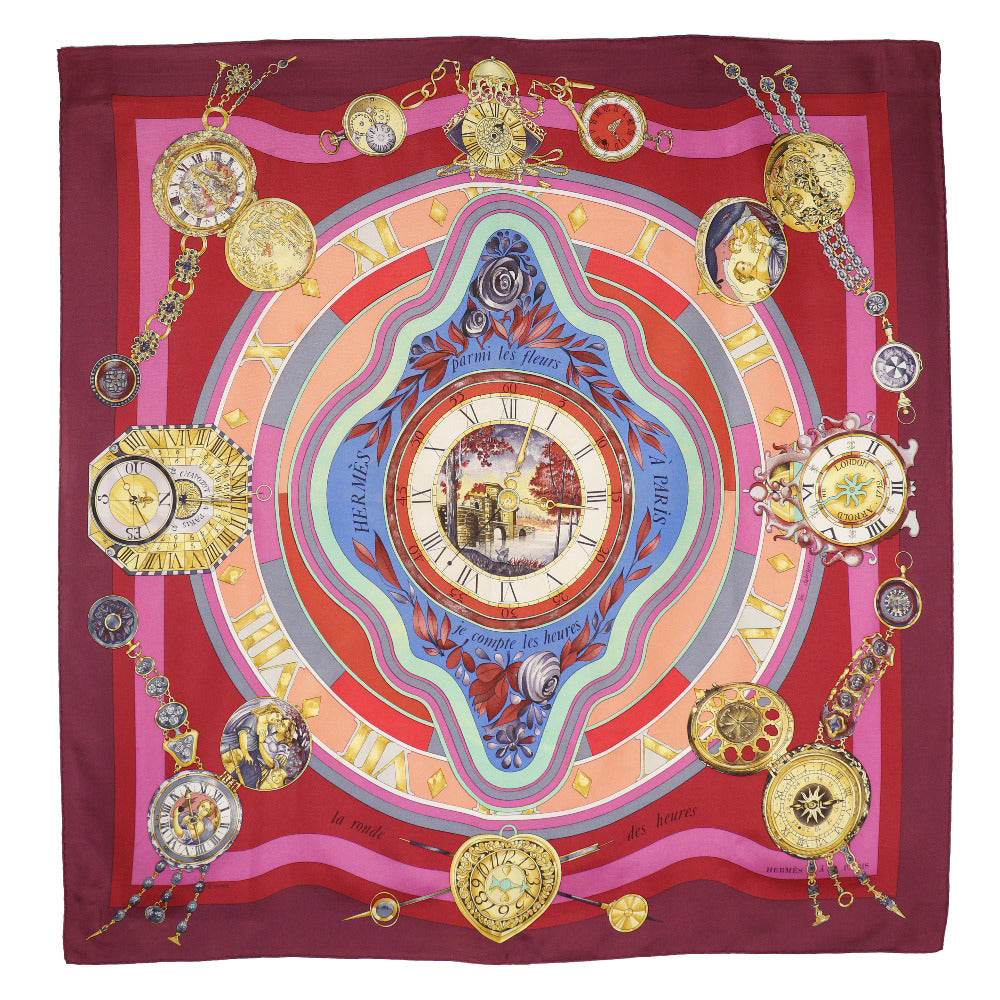 HERMES scarf silk Red Time spent in the flowers parmi les fleurs je compte les heures Carre90 Women