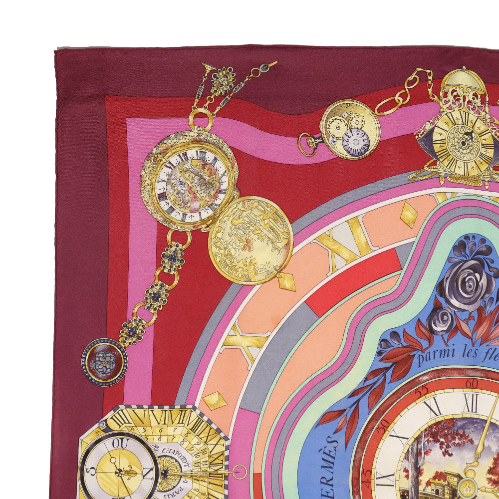 HERMES scarf silk Red Time spent in the flowers parmi les fleurs je compte les heures Carre90 Women