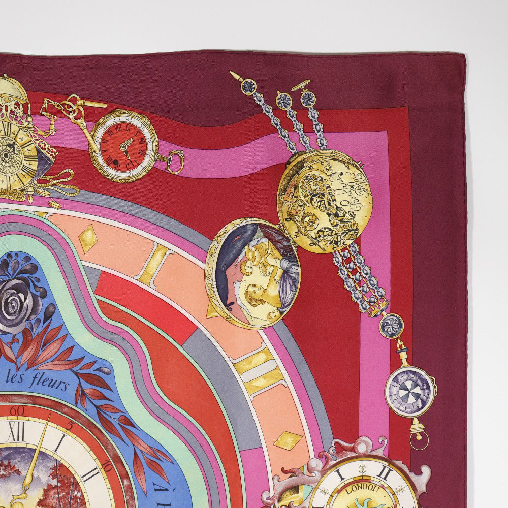 HERMES scarf silk Red Time spent in the flowers parmi les fleurs je compte les heures Carre90 Women