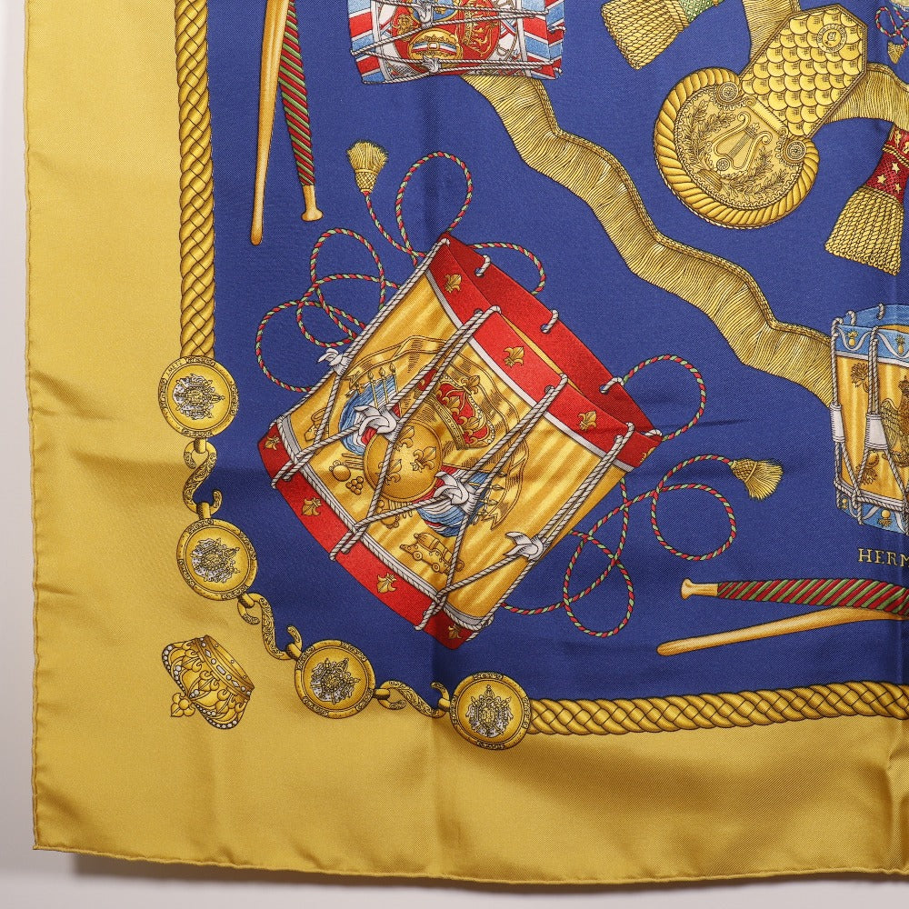 HERMES scarf silk Blue LES TAMBOURS Tambour drums Carre90 Women