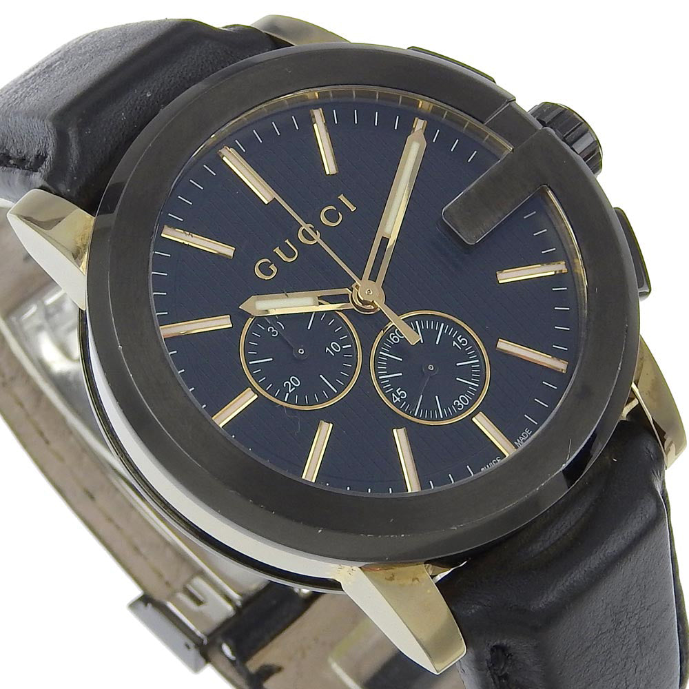 GUCCI Watches Quartz 101.2 Stainless Steel , Embossed Leather black G Chrono black dial mens