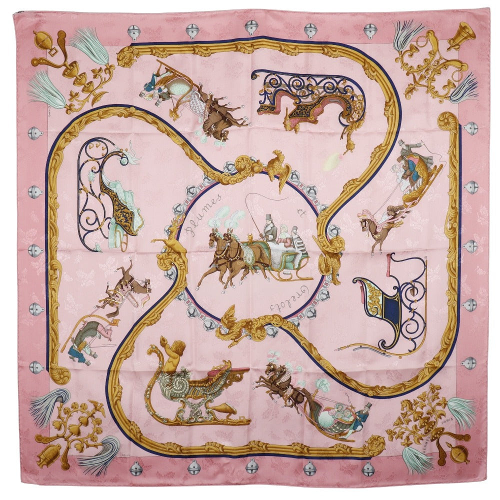 HERMES scarf silk pink Feather and bell Plumes et Grelots Carre90 Women