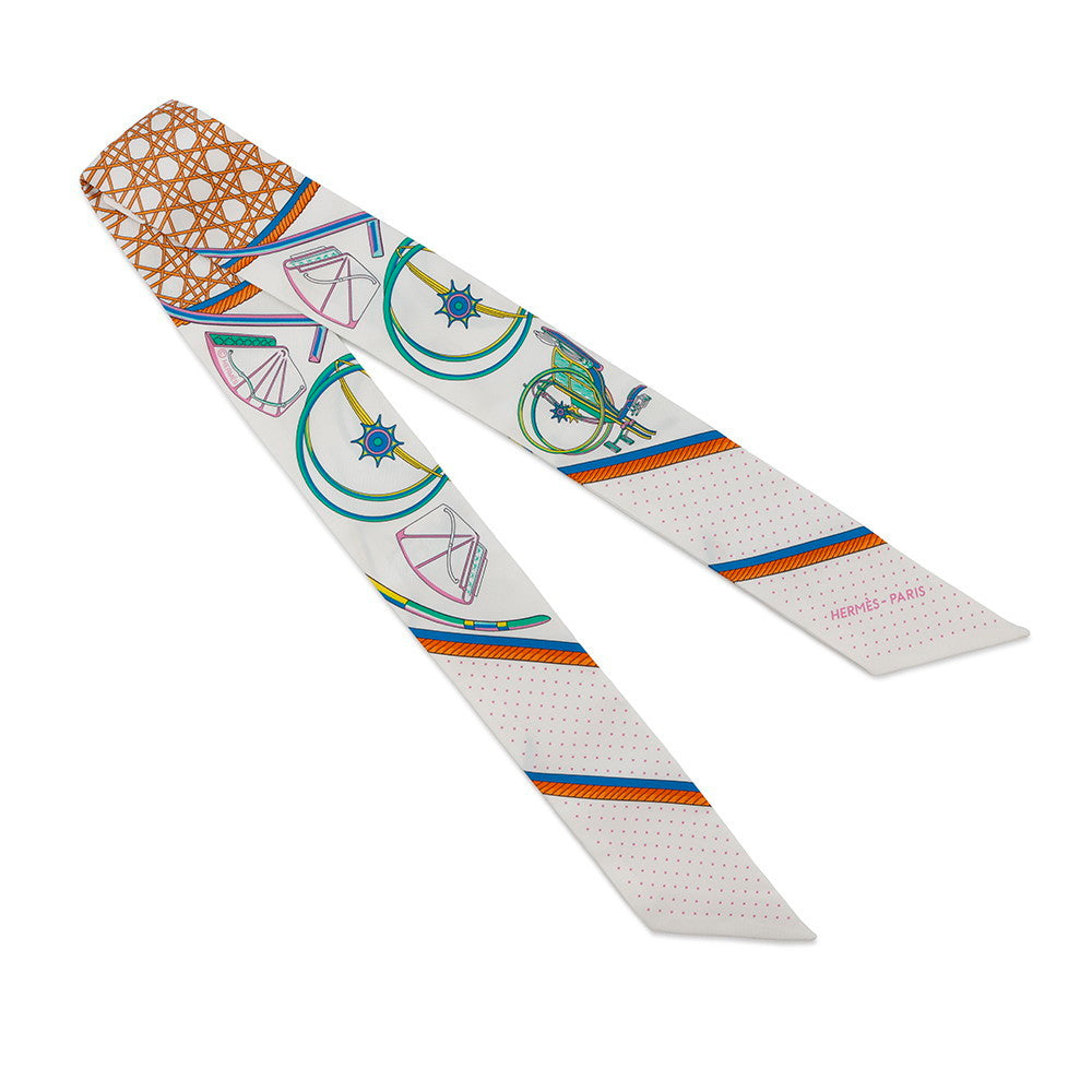 HERMES Scarf Twilly Folding Canopy Carriage LES VOITURES A TRANSFORMATION White/Orange/Vert Silk 100%