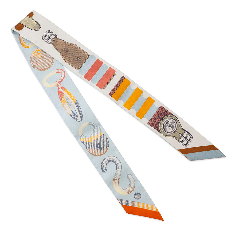 HERMES Twilly "Brid a Block/Poetic Catalog" Mastic/Blue/Saffron Silk