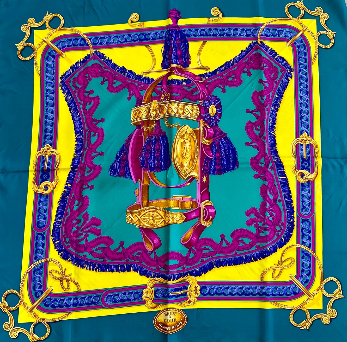 HERMÈS BRIDE DE COUR FRANCOISE DE LA PERRIERE EQUESTRIAN SILK SCARF