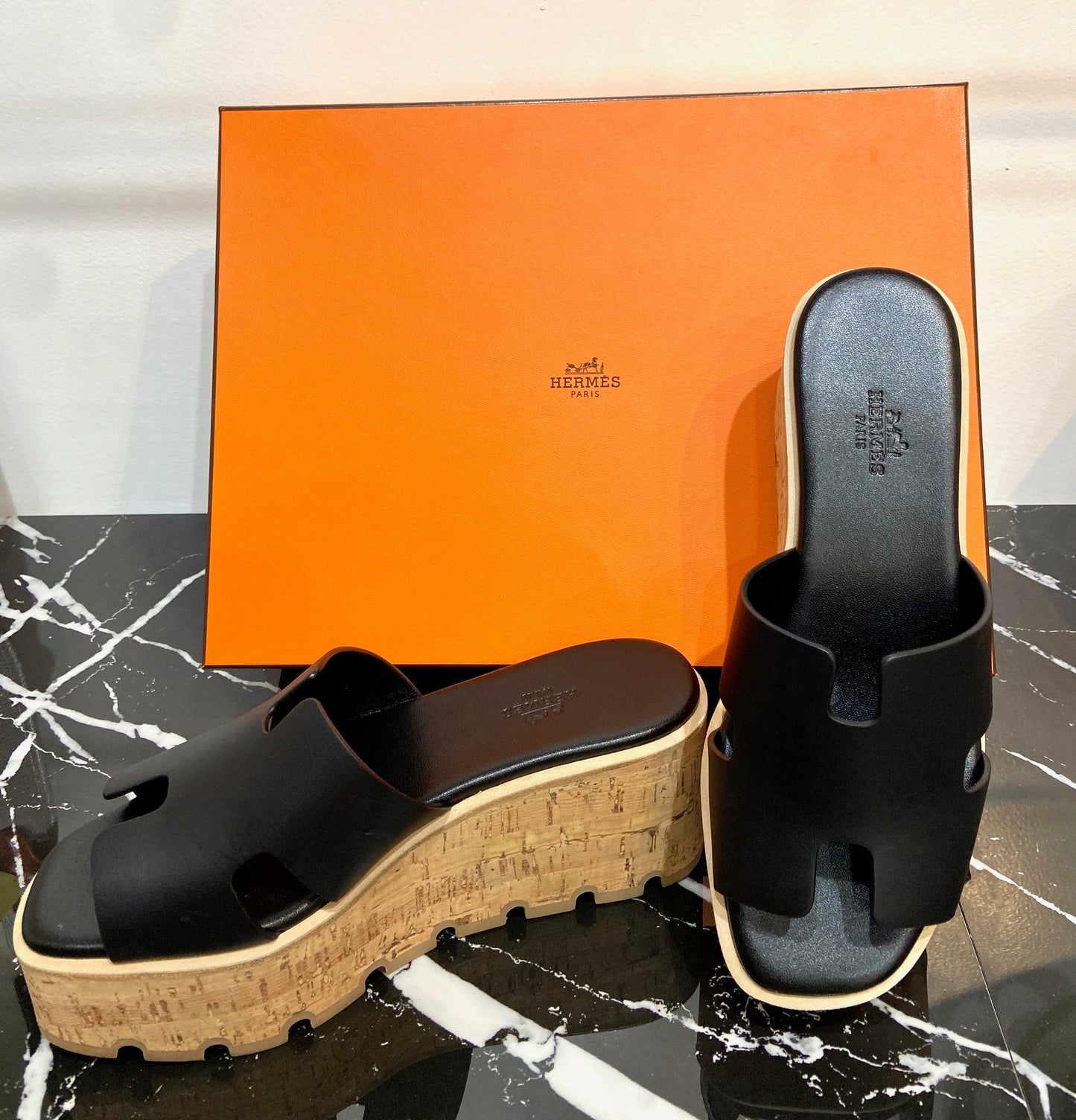 HERMÈS CALFSKIN LEATHER EZE 30 CORK PLATFORM MULES