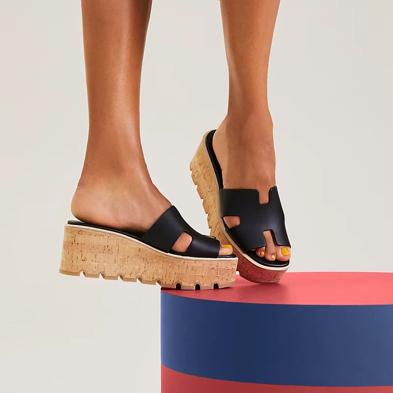 HERMÈS CALFSKIN LEATHER EZE 30 CORK PLATFORM MULES