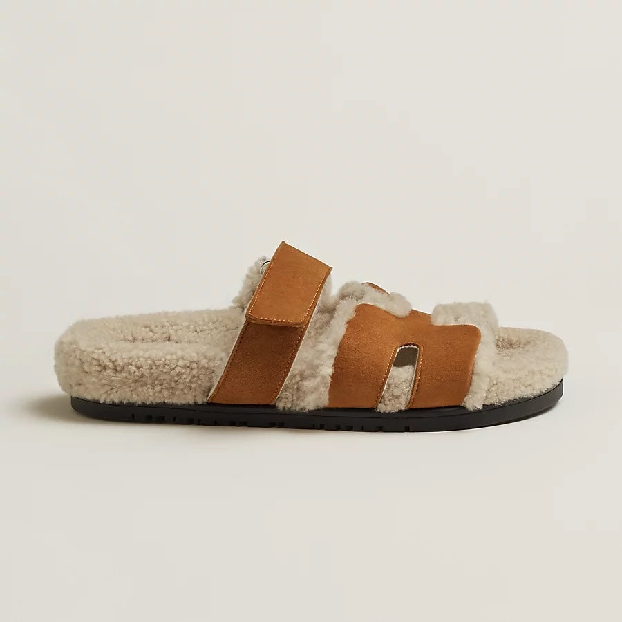 HERMÈS CHYPRE SUEDE SHEARLING SANDAL MULES