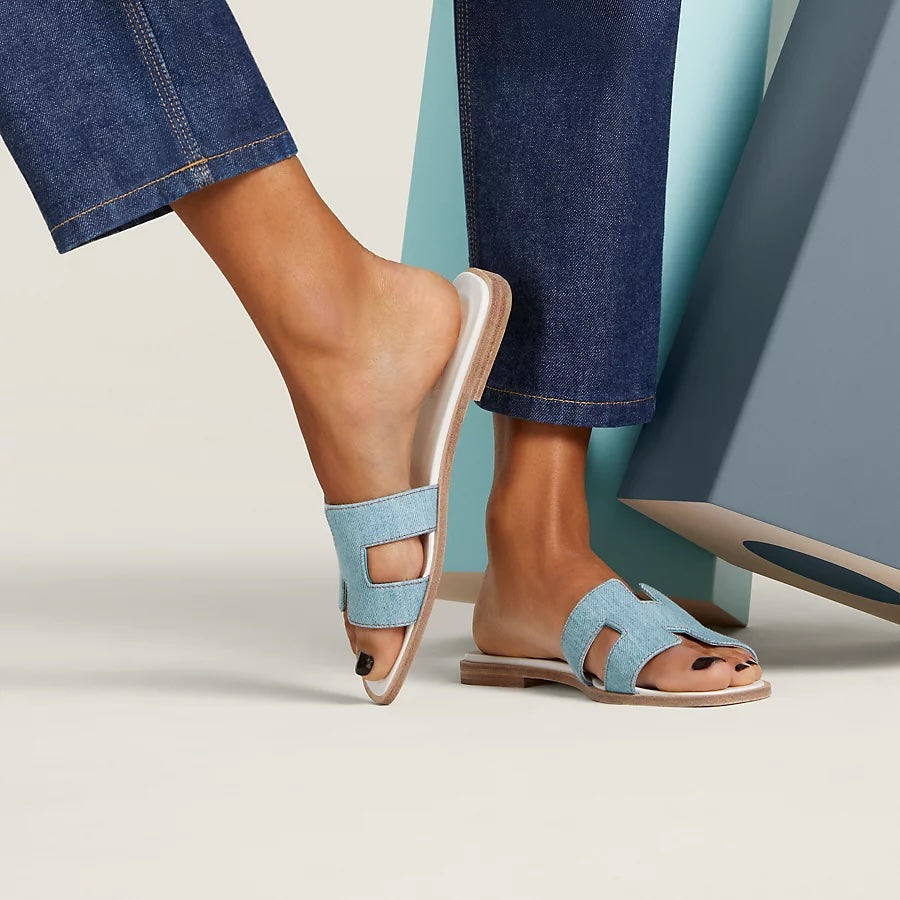 HERMÈS ORAN DENIM LEATHER MULES SANDALS