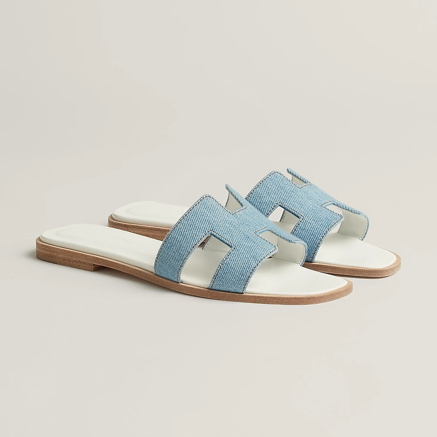 HERMÈS ORAN DENIM LEATHER MULES SANDALS
