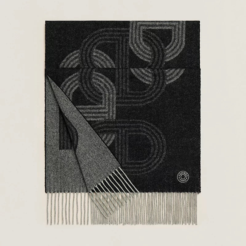 HERMÈS FRINGE CIRCUIT 24 GRAY CASHMERE UNISEX SCARF