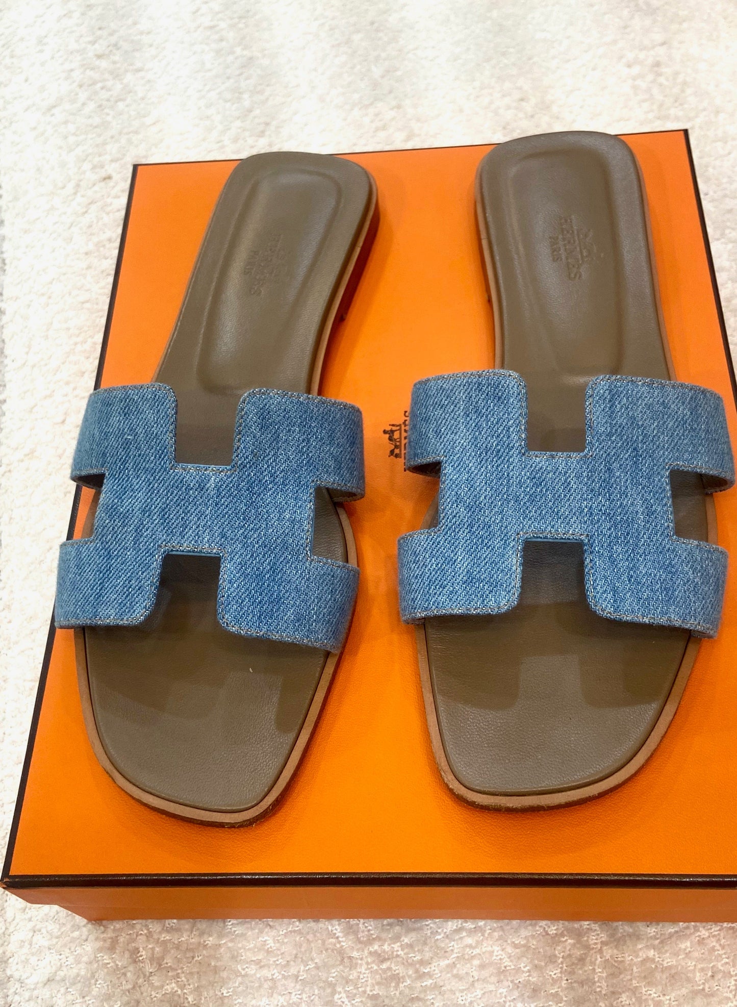 HERMÈS ORAN DENIM LEATHER MULES SANDALS