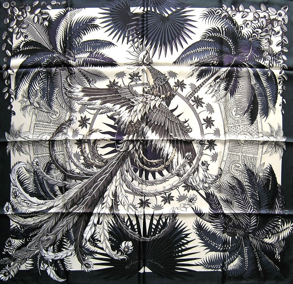 HERMÈS MYTHIQUES PHOENIX VERT ANTHRACITE SILK SCARF
