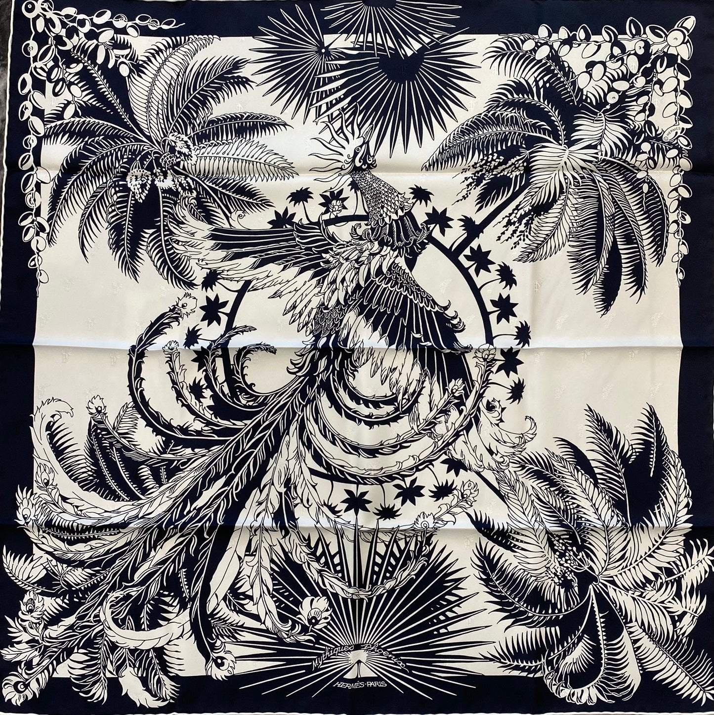 HERMÈS MYTHIQUES PHOENIX VERT ANTHRACITE SILK SCARF