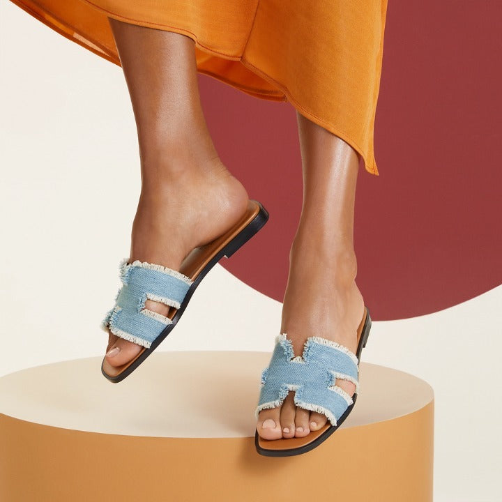 HERMÈS ORAN FRINGED DENIM LEATHER MULES SANDALS