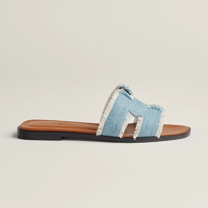 HERMÈS ORAN FRINGED DENIM LEATHER MULES SANDALS