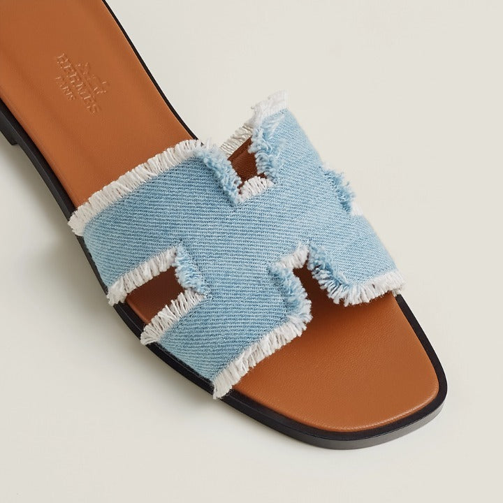 HERMÈS ORAN FRINGED DENIM LEATHER MULES SANDALS
